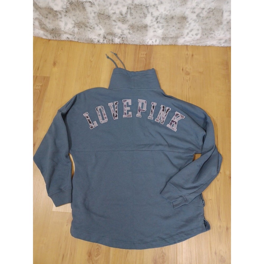 VS LOVE PINK Women's Fleece Sweatshirt Size M Gray Leopard Logo Silver Edging